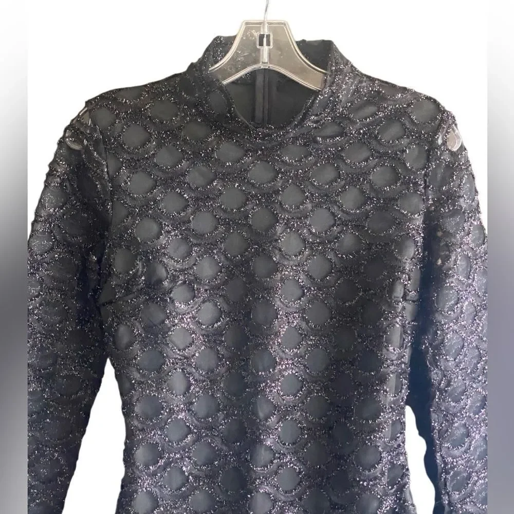 New CBR Black Fitted Festive Party Dress. Sparkly Flocked Fabric Over Lace. M